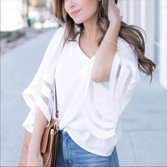 White Summery Loose Top With Mesh Oversize Sleeves - Picture 3 of 8